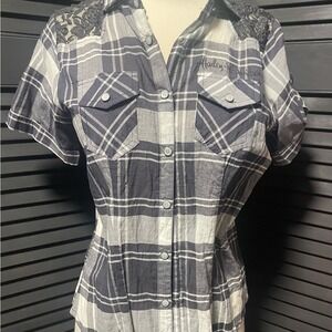 Harley-Davidson Women's Gray and White‎ Plaid Button Down Shirt
